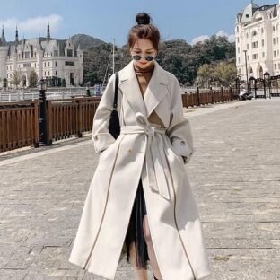 レディースウールコート　レトロミドル丈ヘボン式スーツコート