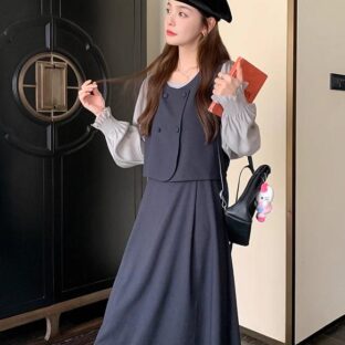 カレッジスタイル ツーピーススプライシングドレス　 A ラインスカート