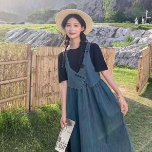 デニムスプライシング　ツーピースカジュアルドレス　ニッチミドル丈スカート