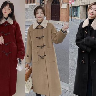 韓国ホーンボタンコート ウールコート　ミッドレングスレトロカレッジスタイル