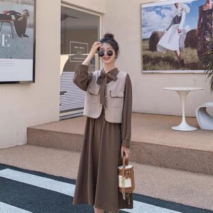 フレンチ長袖ドレス女性の 2 点セット