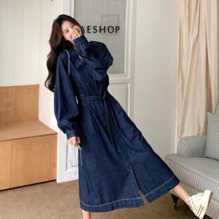 ブルーデニム V ネック長袖ドレス　カジュアルルーズウエストデザインスカート