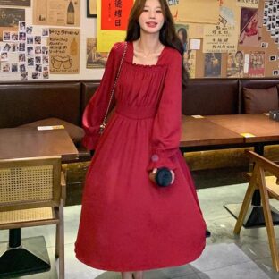 スクエアネック ドレス フランス風レトロ