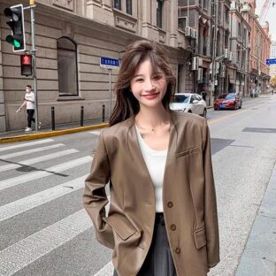 ブラウンスーツレザージャケット　ファッションカジュアルニッチデザイン