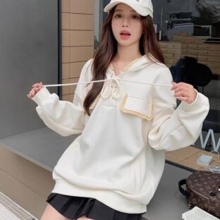 長袖フード付きスウェットシャツローエッジプルオーバートップ