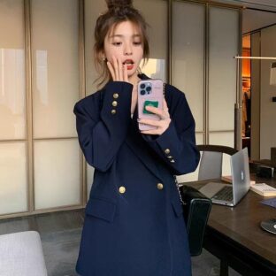 ネイビーブルー スーツジャケット 韓国スタイルカジュアルルーズハイエンド