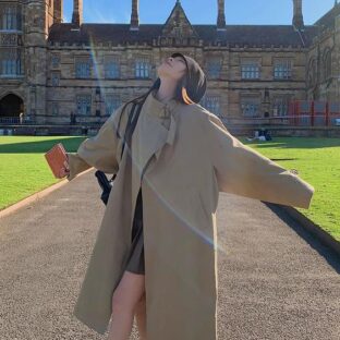 カーキトレンチコート ミッドレングスフレンチレトロ 英国スタイルのファッション