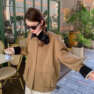 コントラストカラー ワークジャケット 韓国風 ショートトップス