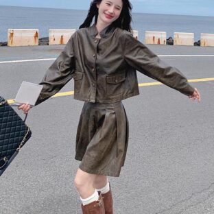 PU レザーカーディガンスカートツーピースセット レトロニッチデザイン