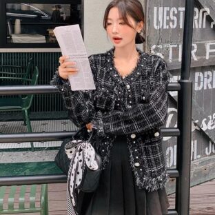 ハイエンド黒の格子縞パール細断エッジジャケット