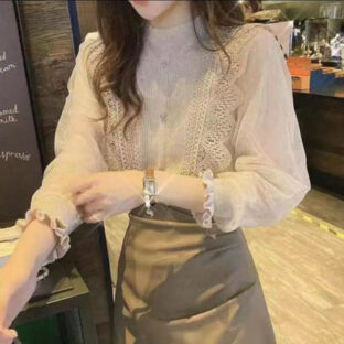 シフォン スタンドカラー レース プリーツ フリル ガーリー