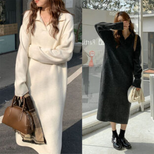 襟付き Vネック ベーシック リブニット ワンピース デイリー