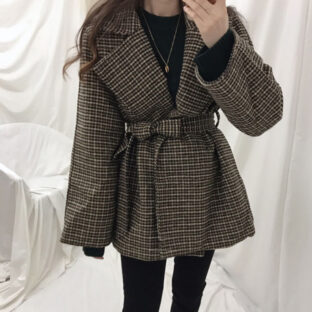 ガウンコート テーラードカラー ショート丈 チェック ベルト付き