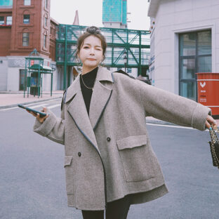 ハーフコート ツイード風 ルーズ ステップドヘム パイピング