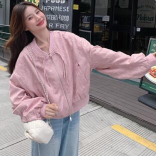 ピンクのバックルスパンコール付きカーディガンジャケットショートトップ