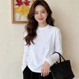 大きいサイズの通勤スタイル白ラウンドネック長袖 T シャツ